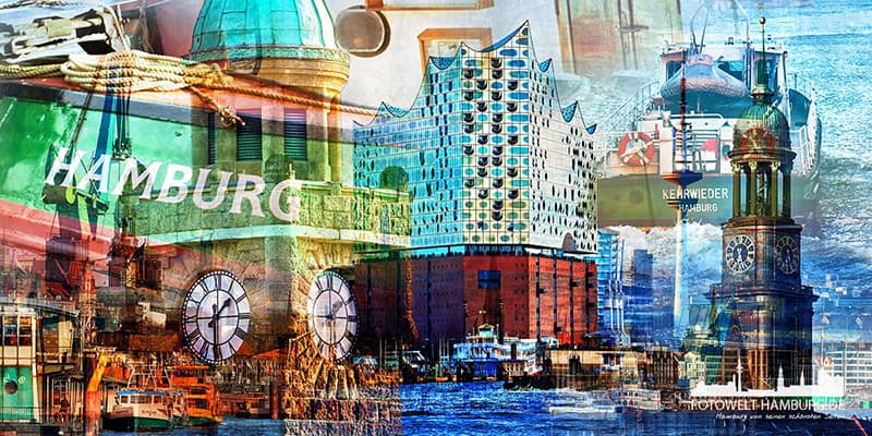 Moderne Hamburg Collage - Bild auf Leinwand, Acrylglas, Alu-Dibond