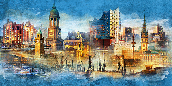 Hamburg Lichter der Stadt II - Moderne Hamburg Collage als Wandbild auf Leinwand, Acrylglas, Akustikbild oder als Poster