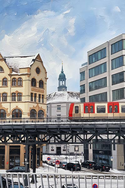 Michel und U-Bahn - Winterliches Hamburg Bild im Stil eines Gemäldes