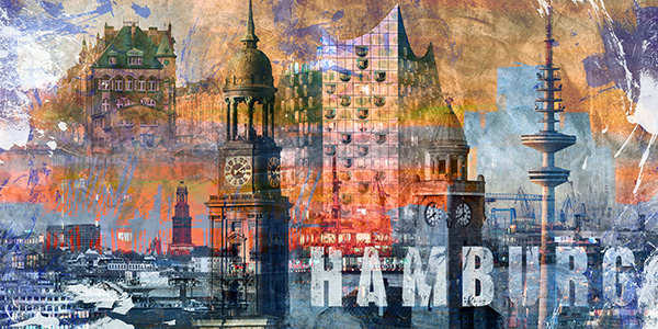 Hamburg moderne Pop-Art Collage - Bild auf Leinwand, Acrylglasbild, Poster, Fotodrucke in Galeriequalität 