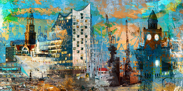 Moderne Hamburg Pop-Art Collage - Bild auf Leinwand, Acrylglasbild, Poster, Fotodrucke in Galeriequalität 