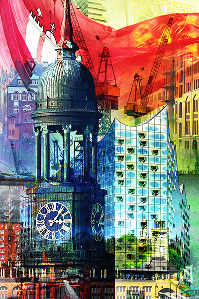 Moderne abstrakte Hamburg Collage VII - Leinwandbild, Glasbild, Poster 