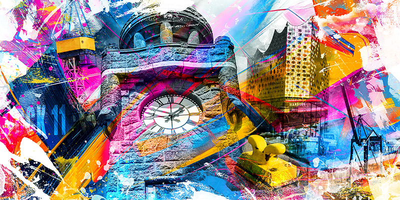 Hamburg Pop Art Painting Collage - Hamburg Bild als hochwertiger Druck auf Leinwand, Acrylglas oder als Poster