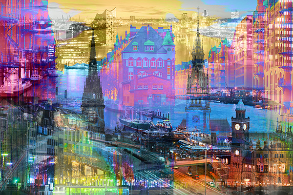 Hamburg PopArt Collage - Leinwandbild, Glasbild, Poster