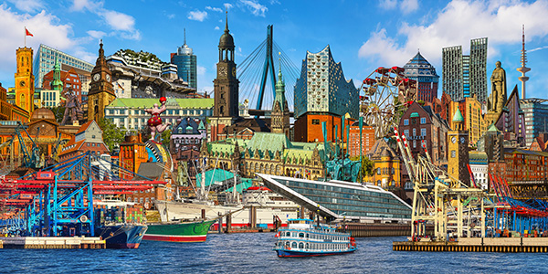 Hamburg Sightseeing Collage - Exklusive moderne Hamburg Collage auf Leinwand, Acrylglas, Akustikbild oder als Poster