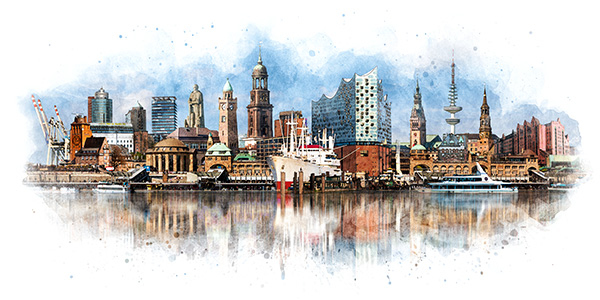 Hamburg Aquarell Skyline - Kunstvolles Hamburg Motiv auf Leinwand, Acrylglas, Akustikbild oder als Poster