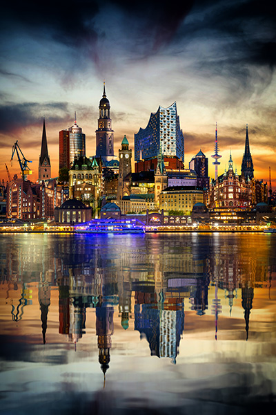 Hamburg Skyline Collage bei Nacht - Kunstvolle Hamburg Skyline Collage auf Leinwand, Acrylglas, Akustikbild oder als Poster