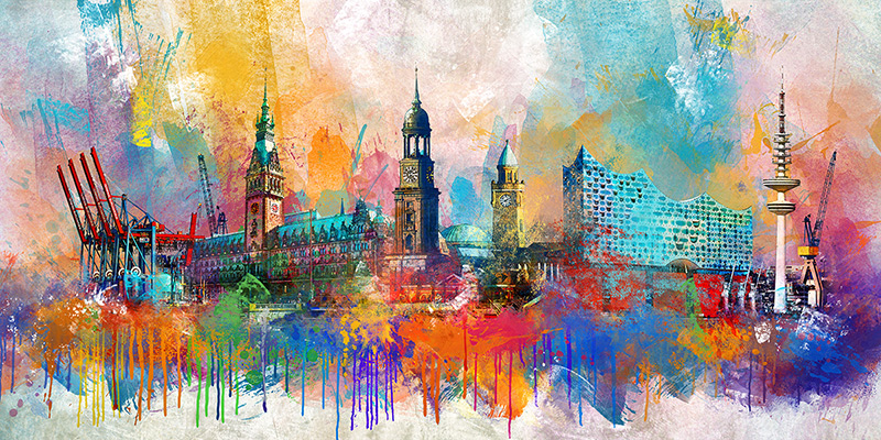 Hamburg Pop Art Skyline - Moderne abstrakte Hamburg Skyline auf Leinwand, Acrylglas oder als Poster