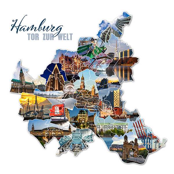 Hamburg Stadtteilkarte Tor zur Welt - Kreative Hamburg Collage auf Leinwand, Acrylglas, Akustikbild oder als Poster