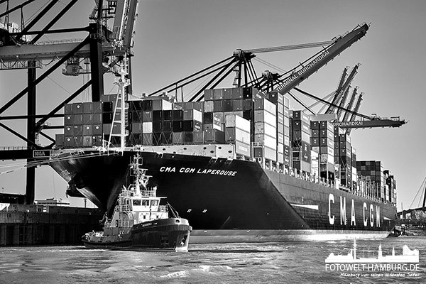 Containerschiff und Schlepper im Hamburger Hafen - Bild auf Leinwand