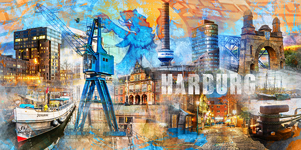 Harburg Collage - Modernes kunstvolles Harburg Wandbild auf Leinwand, Acrylglas, Akustikbild oder als Poster
