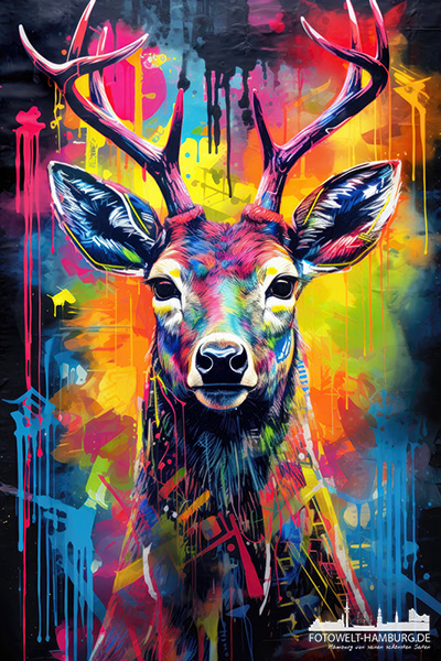 Neon Pop Art Hirsch - modernes Wandbild als Kunstdruck auf Leinwand, Acrylglas oder als Poster