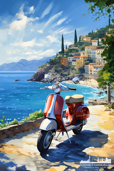 Motorroller am Comer See - digitales Gemälde als Kunstdruck auf Leinwand, Acrylglas oder als Poster