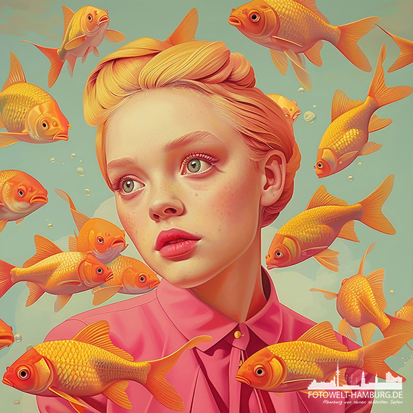 Frau mit Goldfischen - modernes Wandbild im Stil eines Gemäldes als Kunstdruck auf Leinwand, Acrylglas oder als Poster