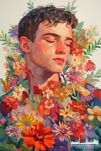 Junger Mann mit Blumen - modernes Wandbild im Stil eines Gemäldes als Kunstdruck auf Leinwand, Acrylglas oder als Poster