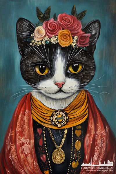 Cat Frida - modernes Wandbild im Stil eines Gemäldes als Kunstdruck auf Leinwand, Acrylglas oder als Poster