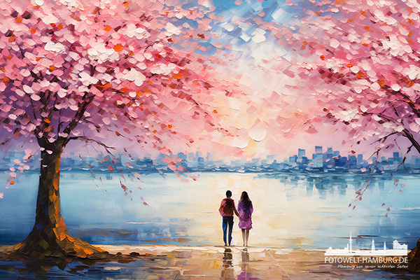 Stadt der Kirschblüten - digitales Gemälde als Kunstdruck auf Leinwand, Acrylglas oder als Poster