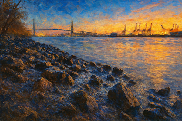 Köhlbrand im Abendrot - Hamburg Gemälde Kunstdruck auf Leinwand, Acrylglas, Akustikbild oder als Poster