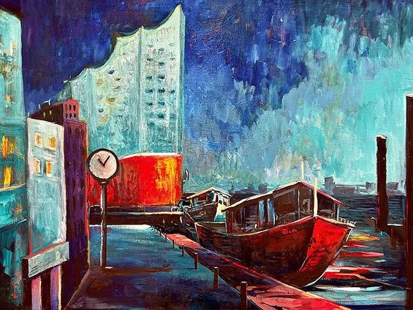 Landungsbrücken - Hamburg Gemälde als Kunstdruck auf Leinwand, Acrylglas, Akustikbild oder als Poster