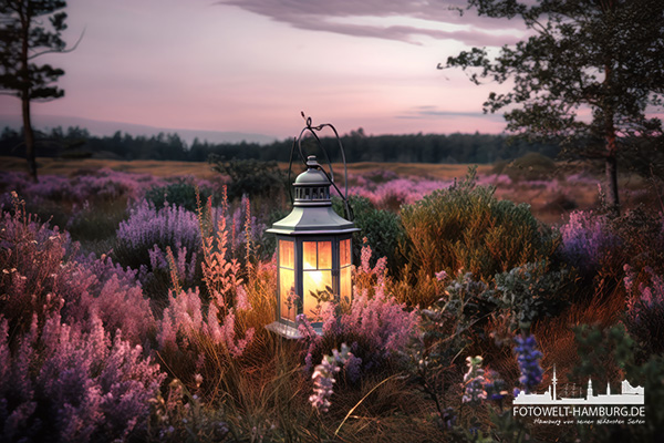 Laterne in der Heide - modernes Wandbild im Stil einer Fotografie als Kunstdruck auf Leinwand, Acrylglas oder als Poster