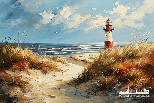 Leuchtturm am Strand - modernes Wandbild im Stil eines Gemäldes als Kunstdruck auf Leinwand, Acrylglas oder als Poster