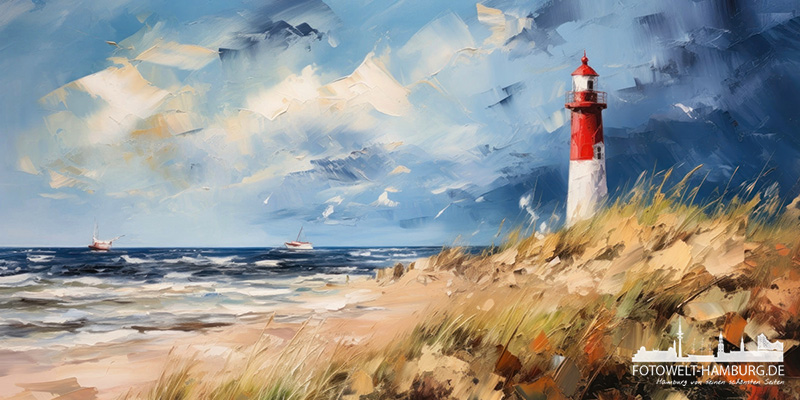 Leuchtturm am stürmischen Strand - modernes Wandbild als Kunstdruck auf Leinwand, Acrylglas oder als Poster