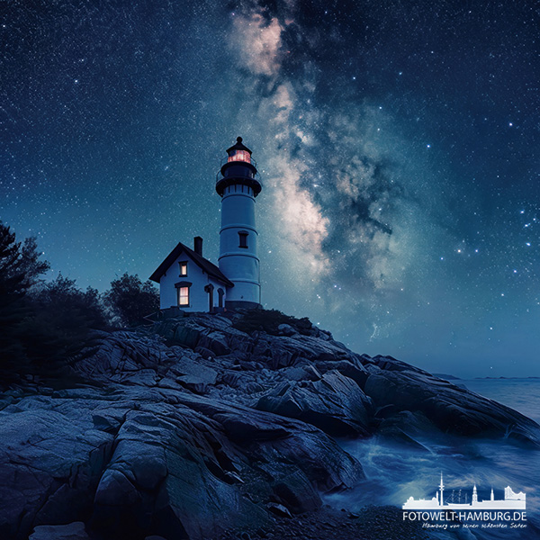 Leuchtturm bei Nacht - modernes Wandbild als Kunstdruck auf Leinwand, Acrylglas oder als Poster