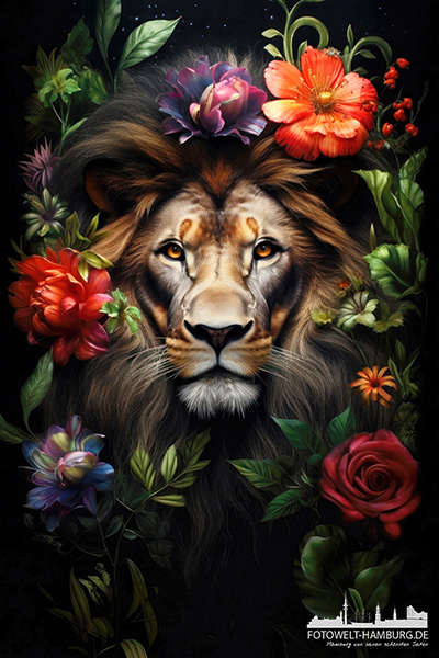 Löwe mit Blumen - modernes Wandbild als Kunstdruck auf Leinwand, Acrylglas oder als Poster