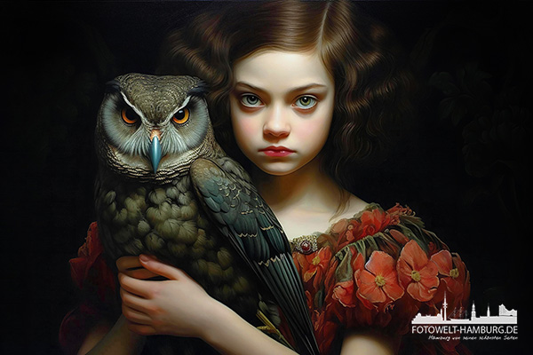 Mädchen mit Eule - modernes Wandbild als Kunstdruck auf Leinwand, Acrylglas oder als Poster