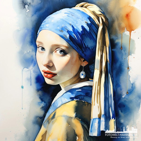 Mädchen mit Ohrring - modernes Wandbild im Stil eines Gemäldes als Kunstdruck auf Leinwand, Acrylglas oder als Poster