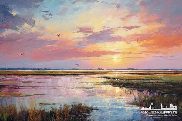 Abendrot im Marschland - modernes Wandbild als Kunstdruck auf Leinwand, Acrylglas oder als Poster