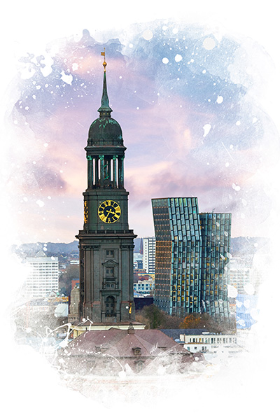 Michel und Tanzende Türme - Hamburg wie gemalt im Stil eines Aquarellgemäldes auf Leinwand, Acrylglas, Akustikbild oder als Poster