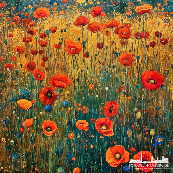 Mohnblumenfeld Wandbild im Stil eines Gemäldes von Gutstav Klimt - Kunstdruck auf Leinwand, Acrylglas oder Alu-Dibond