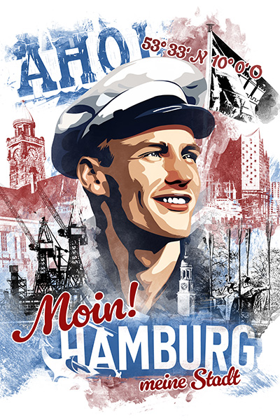 Moin Hamburg - Kunstvolle Hamburg Collage mit Seemann im Vintage Retroposter Stil auf Leinwand, Acrylglas, Akustikbild oder als Poster