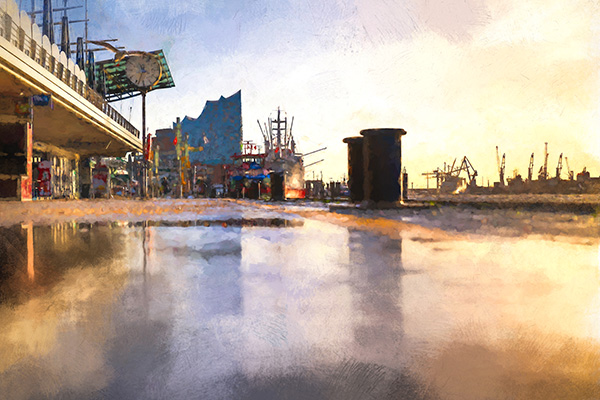 Morgenstimmung an den Landungsbrücken - Digitales Hamburg Gemälde auf Leinwand, Acrylglas oder als Poster
