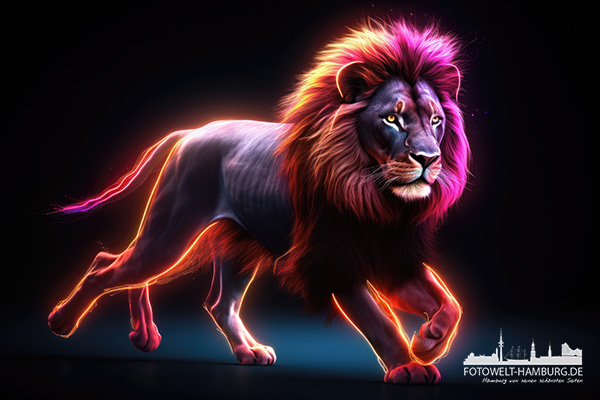 Neon Löwe - modernes Wandbild im Stil eines Gemäldes als Kunstdruck auf Leinwand, Acrylglas oder als Poster