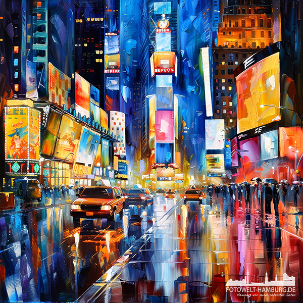 Times Square bei Nacht - modernes Wandbild im Stil eines Gemäldes als Kunstdruck auf Leinwand, Acrylglas oder als Poster