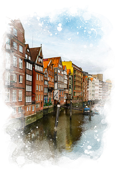 Nikolaifleet - Hamburg wie gemalt im Stil eines Aquarellgemäldes auf Leinwand, Acrylglas, Akustikbild oder als Poster