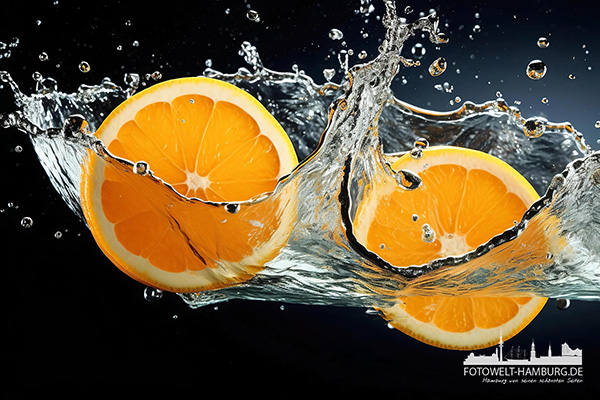 Orangen Splash - modernes Wandbild als Kunstdruck auf Leinwand, Acrylglas oder als Poster
