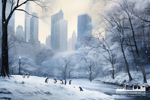 Pinguine im Central Park - modernes Wandbild als Kunstdruck auf Leinwand, Acrylglas oder als Poster