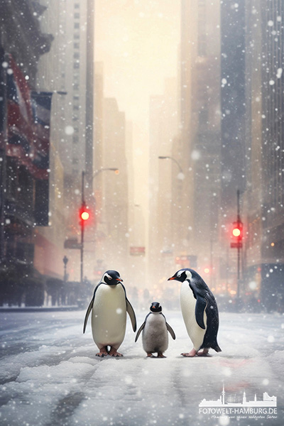 Pinguine in Manhattan - modernes Wandbild als Kunstdruck auf Leinwand, Acrylglas oder als Poster