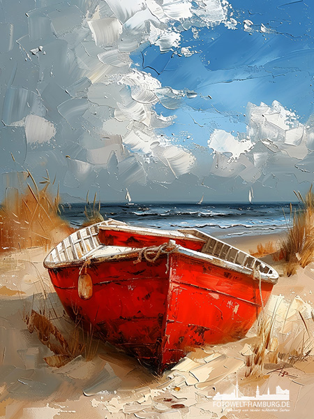 Rotes Boot am Strand - modernes Wandbild im Stil eines Gemäldes als Kunstdruck auf Leinwand, Acrylglas oder als Poster