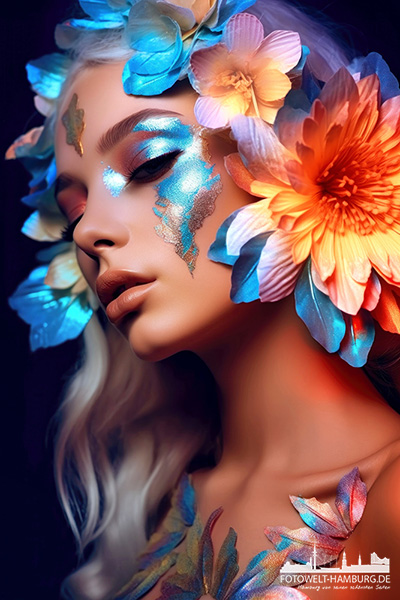 Frau mit floralem Makeup - modernes Wandbild im Stil eines Gemäldes als Kunstdruck auf Leinwand, Acrylglas oder als Poster