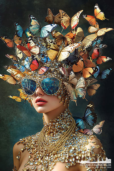 Frau mit Schmetterlingen - modernes Wandbild im Stil eines Gemäldes als Kunstdruck auf Leinwand, Acrylglas oder als Poster