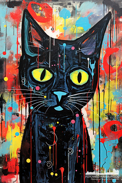 Bunte Katze - modernes Wandbild im Stil eines Gemäldes als Kunstdruck auf Leinwand, Acrylglas oder als Poster