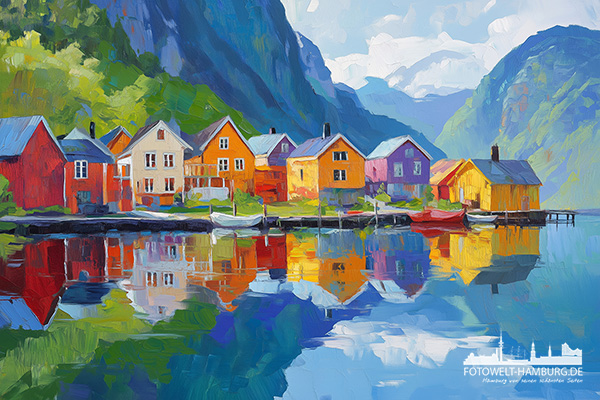 Häuser am Fjord - modernes Wandbild im Stil eines Gemäldes als Kunstdruck auf Leinwand, Acrylglas oder als Poster