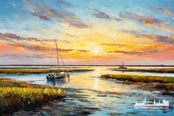 Sonnenuntergang am Bodden - modernes Wandbild im Stil eines Gemäldes als Kunstdruck auf Leinwand, Acrylglas oder als Poster