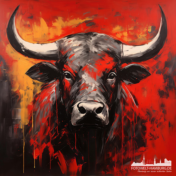 Stier in rot und schwarz - modernes Wandbild als Kunstdruck auf Leinwand, Acrylglas oder als Poster