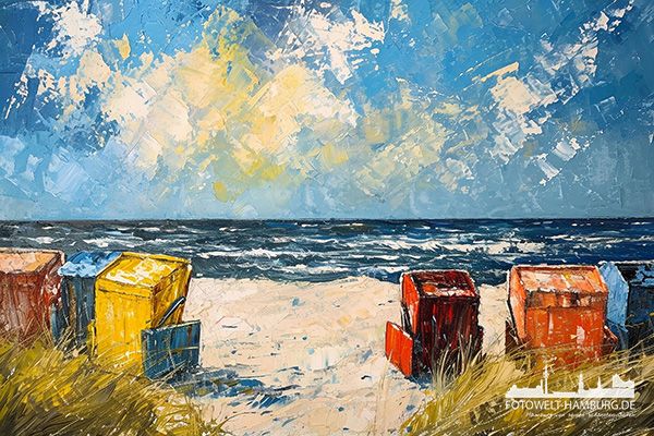 Strandkörbe am Meer - modernes Wandbild im Stil eines Gemäldes als Kunstdruck auf Leinwand, Acrylglas oder als Poster