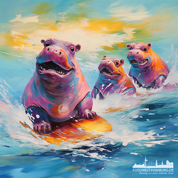 Surfende Nilpferde - digitales Gemälde als Kunstdruck auf Leinwand, Acrylglas oder als Poster